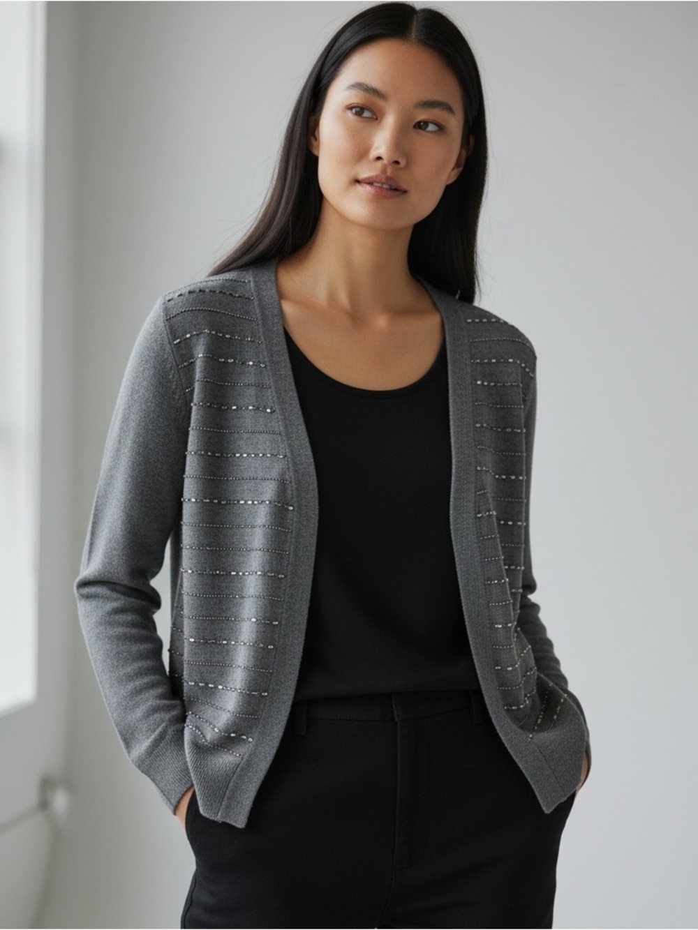 Talbots Lambswool Blend Gray Beaded Embellished Cardigan Sweater Small